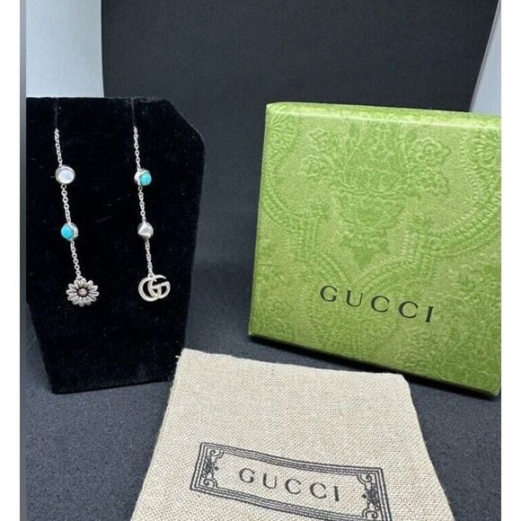 GUCCI MARMONT Logo Mismatch Long Drop Earrings Sterling Silver Box Pouch - Picture 1 of 5